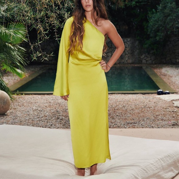 Zara Dresses Zara Lime Green Satin Effect Asymmetric One Shoulder